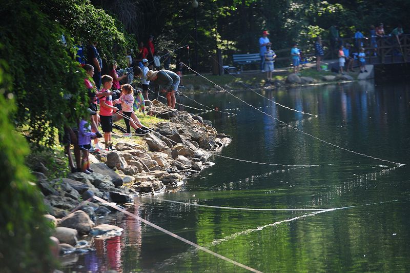 Lines are cast as youngsters fish Sunday, Aug. 3, 2025, during the Greater Alliance Carnation Festival Fishing Derby at Kidwell Lake in Silver Park.