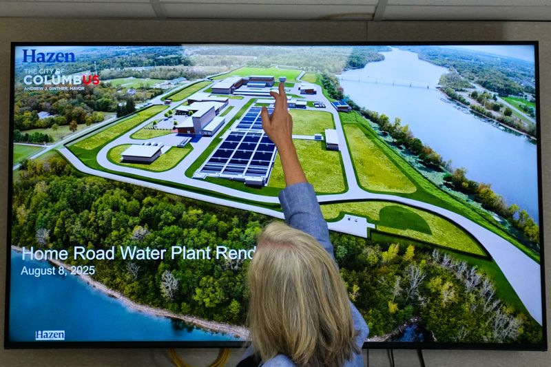Columbus Water and Power Director Kristen Atha speaks about the site of Home Road water plant near the intersection of Home Road and Dublin Road on Wednesday, Aug. 6, 2025 in Delaware County, Ohio.
