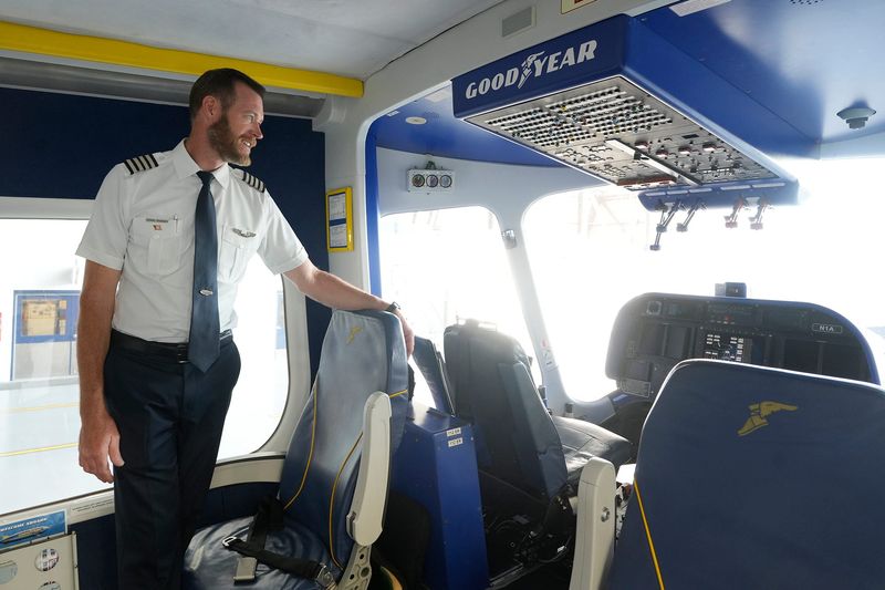 Michael Dougherty, the Goodyear Blimp's chief pilot and operations manager, gives a tour of the Wingfoot One gondola at the Wingfoot Lake Airship Hangar in Suffield Township.