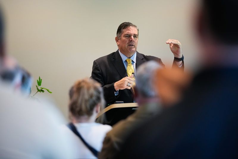 Roger Wehner, director of economic development for Amazon Web Services, speaks about the Amazon data center at the Brick House Blue on Thursday, Aug. 7, 2025 in New Albany, Ohio.