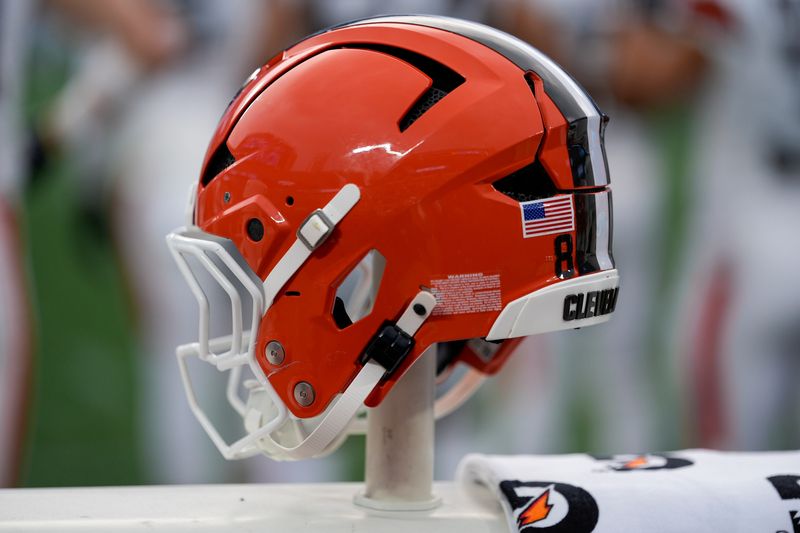 Aug 8, 2025; Charlotte, North Carolina, USA; Cleveland Browns helmet during the first quarter against the Carolina Panthers at Bank of America Stadium. Mandatory Credit: Jim Dedmon-Imagn Images