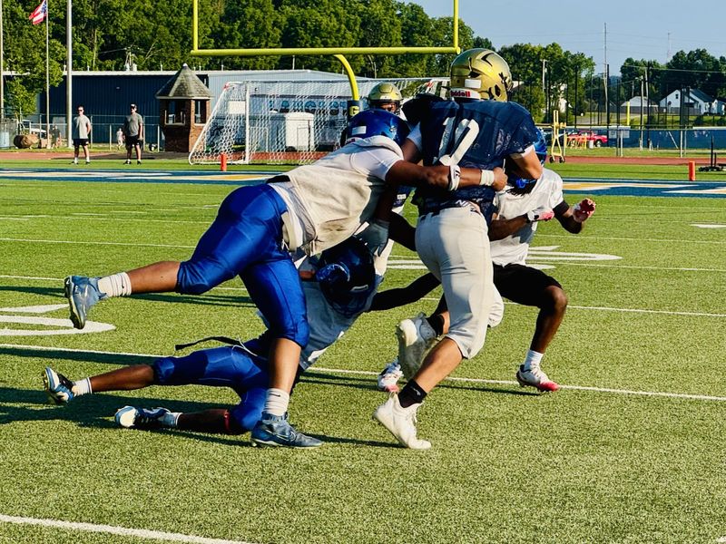 Lancaster senior Landon Knoch runs for extra yardage after catching a pass during the Golden Gales' scrimmage against Independence Aug. 8, 2025, at Fulton Field.