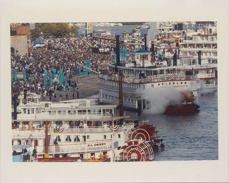 Pictured is the Tall Stacks Festival of 1992. The occasional festival started with Cincinnati’s bicentennial celebration in 1988 and brought dozens of riverboats to the Public Landing. America’s River Roots will be similar to Tall Stacks, as it will honor the history, culture and ecology around the river for America's quarter-millennial anniversary.