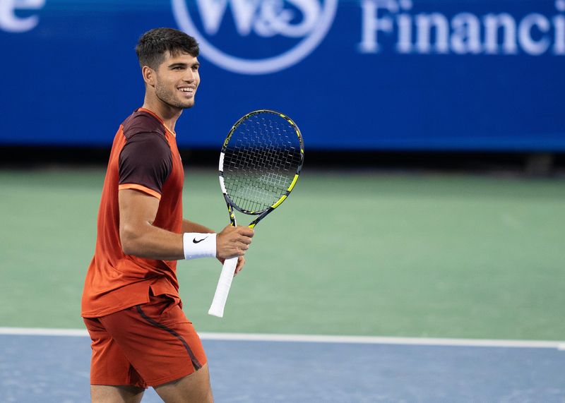 Aug 15, 2024; Cincinnati, OH, USA ; Carlos Alcaraz of Spain reacts to a point during his match against Gael Monfils of France on day four of the Cincinnati Open.
