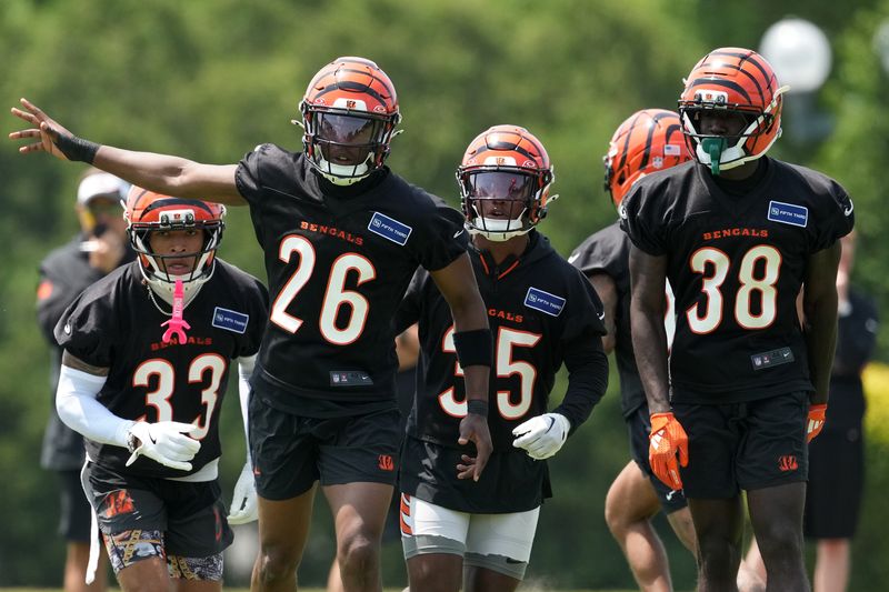 Jun 10, 2025; Cincinnati, OH, USA; Cincinnati Bengals safety Daijahn Anthony (33), safety Tycen Anderson (26), cornerback Jalen Davis (35) and cornerback DJ Ivey (38) take the field during practice at Paycor Stadium. Mandatory Credit: Kareem Elgazzar-Imagn Images