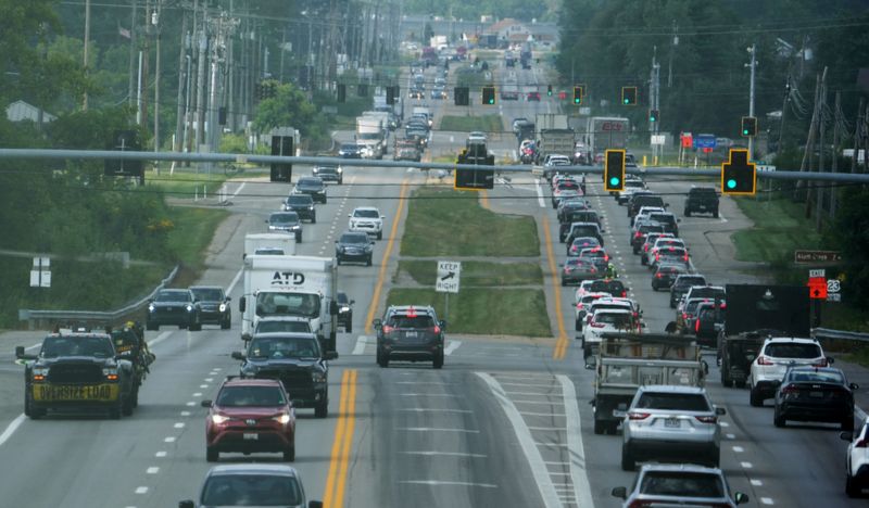 Traffic backs up along US Rt. 23 near the Orange Township pedestrian bridge on August 11, 2025. Parallel to a new interstate highway feasibility study, the Gov. Mike DeWine administration has been pushing for massive improvements to U.S. 23 from Worthington to Waldo. In 2024, DeWine unveiled plans to remove 33 of 39 traffic lights, install overpasses and add interchanges along the 23-mile stretch in an attempt to improve traffic and improve safety.