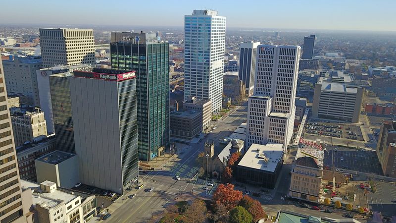 Aerial drone view of the East Side of the Columbus skyline including the 88 E. Broad building (topped with a Key Bank sign), 100 E. Broad St. building (topped with the Chase sign), the 180 E. Broad St. building formerly known as the Borden Building. The white building is the PNC building, and the old Columbus Dispatch building, at 34 S. Third St., is at far right. Photo taken Nov. 24, 2017