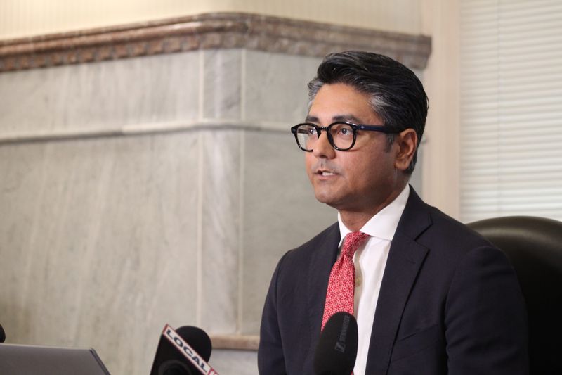 Cincinnati Mayor Aftab Pureval speaking to reporters about public safety in Downtown and Over-the-Rhine during a press conference on Aug. 13, 2025.