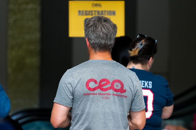 Members of the Columbus Education Association check in at the Greater Columbus Convention Center on Aug. 14, 2025, to vote on a contract with Columbus City Schools. That agreement included a 2.25% raise for the first year of the contract but left open to be negotiated wages for the 2026-2027 and 2027-2028 school years.