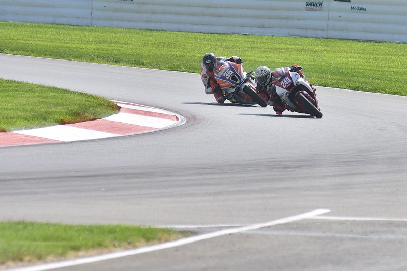 Riders navigate a turn during the MotoAmerica Superbike event Aug. 15, 2025, at Mid-Ohio Sports Car Course in Lexington, Ohio.