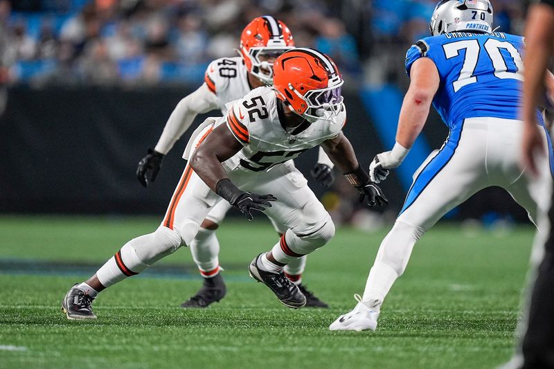 Aug 8, 2025; Charlotte, North Carolina, USA; Cleveland Browns defensive end KJ Henry (52) during the second half against the Carolina Panthers at Bank of America Stadium. Mandatory Credit: Jim Dedmon-Imagn Images
