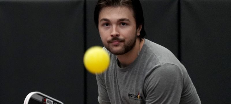 Pro Fox Witt watches the ball during a Cardio Clinic at Hot Shots Piickleball Club. August 16, 2025.