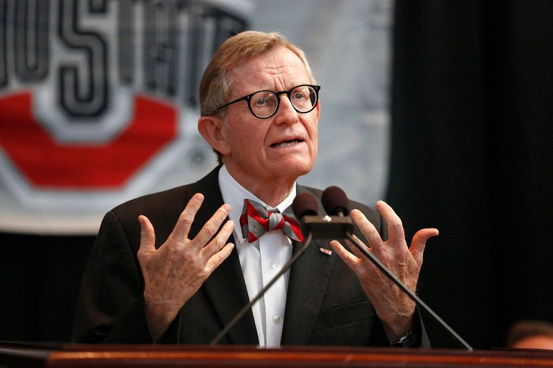Outgoing Ohio State University President E. Gordon Gee speaks during a farewell gathering of Ohio lawmakers for Gee in the Atrium of the Statehouse in June 2013. Gee is returning to the university this academic year for a one-year consultancy.