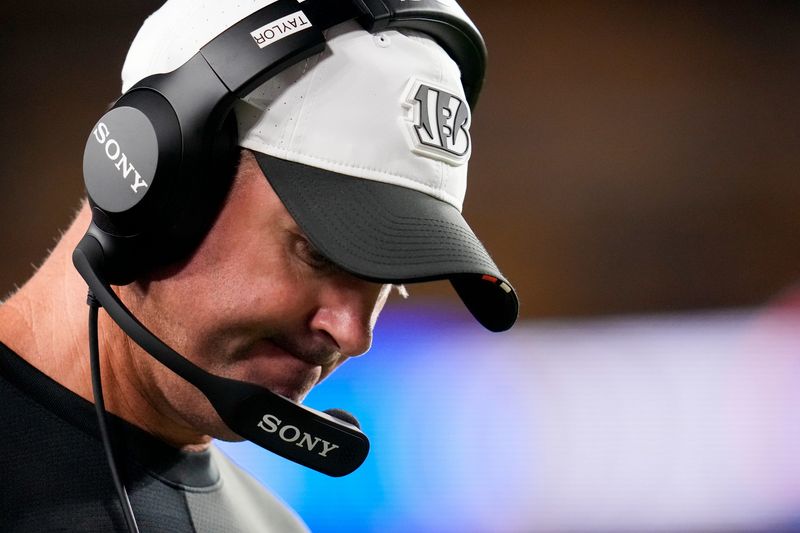 Cincinnati Bengals head coach Zac Taylor walks the sideline in the third quarter of the NFL Preseason Week 2 game between the Washington Commanders and the Cincinnati Bengals at Northwest Stadium in Landover, Md., on Monday, Aug. 18, 2025. The Bengals won the game, 31-17.