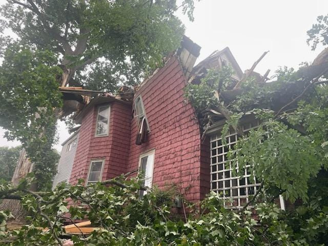 A tree fell on a house at 1319 Woodland Ave. NW in Canton shortly before 8:16 a.m. Aug. 20, causing substantial damage. The tree landed in the bedroom just after the owner got out of bed.