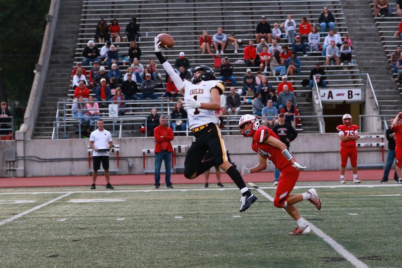 Colonel Crawford's Parker Weithman with the full extension to bring in the ball and continue in for a touchdown.