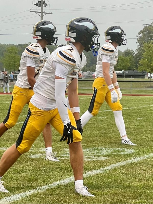 River valley receivers Ellis McFarland (2), Kolton Lang (17) and Eli Snyder (3) line up for a play during a rare Thursday night Week 1 high school football game at Elgin Aug. 21, 2025.