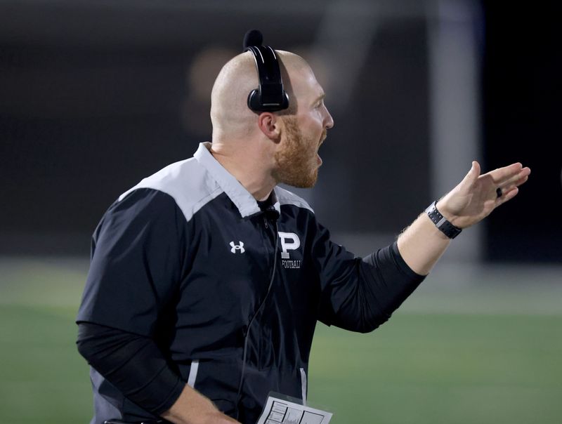 Perry head coach Spencer Leno addresses his team at Central Catholic, Thursday, Aug. 21, 2025.