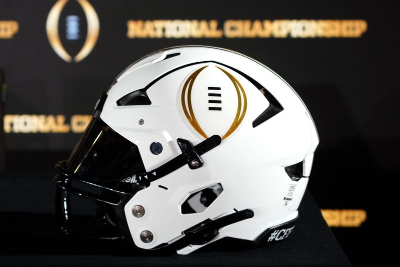 Jan 19, 2025; Atlanta, GA, USA; A College Football Playoff logo helmet at a press conference at The Westin Peachtree Plaza, Savannah Ballroom. Mandatory Credit: Kirby Lee-Imagn Images