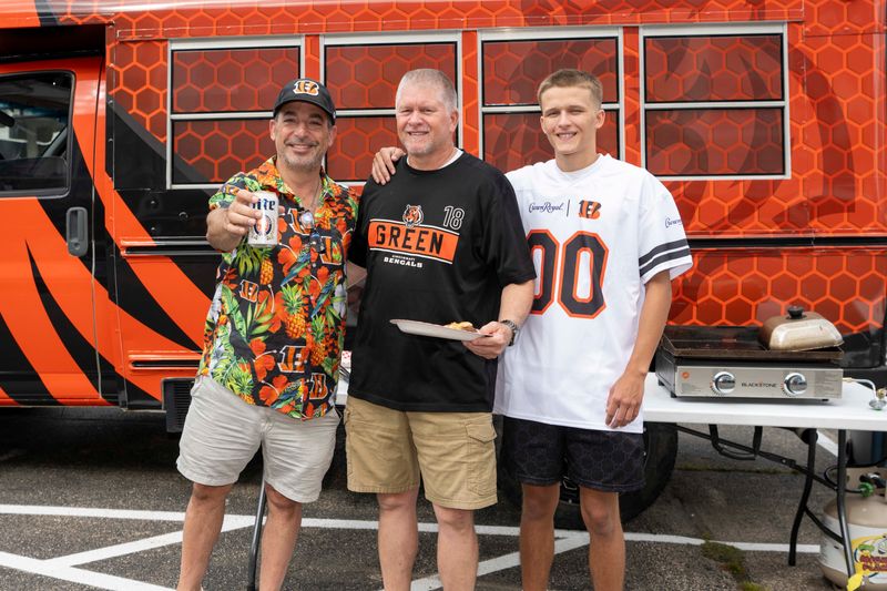Blake Maislin, Todd Little and Brady Little tailgate before the Cincinnati Bengals preseason game against the Indianapolis Colts.