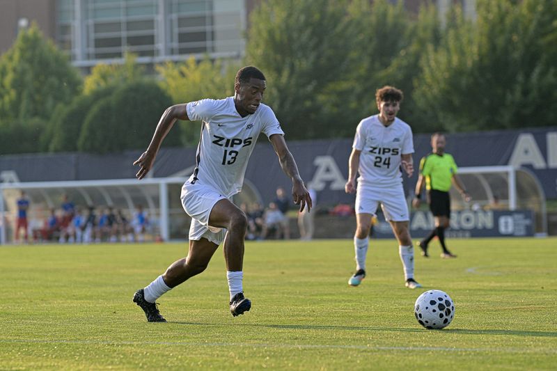 Akron Zips sophomore Remi Agunbiade pursues the ball in an exhibition soccer match against St. Bonaventure, Aug. 9, 2025.