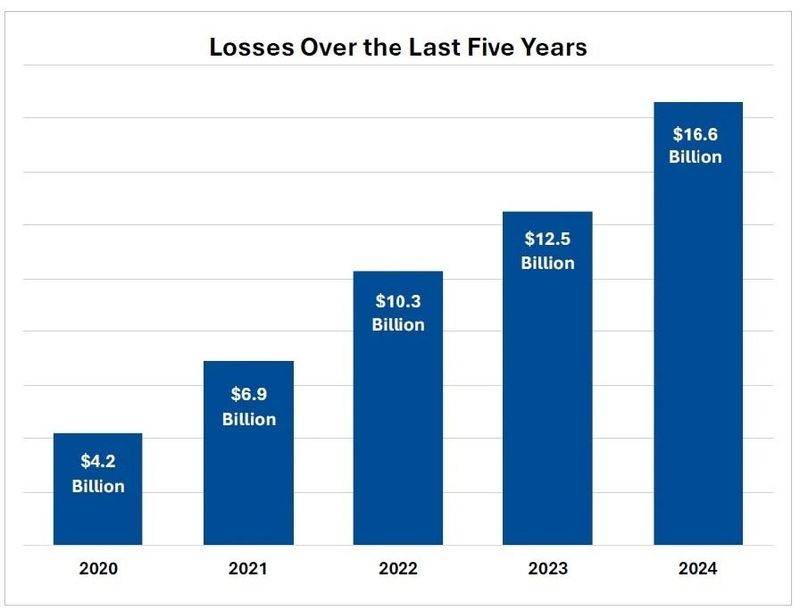 Chart includes loss data caused by cybercrime for the years 2020 to 2024. Over this time period, over $50 billion was reported lost.