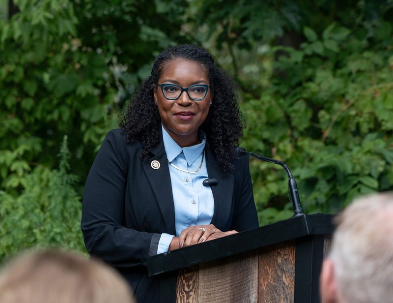 Representative Emilia Sykes speaks at the event to mark the start of sediment removal from behind the Gorge Dam in Cuyahoga Falls on Aug. 28.