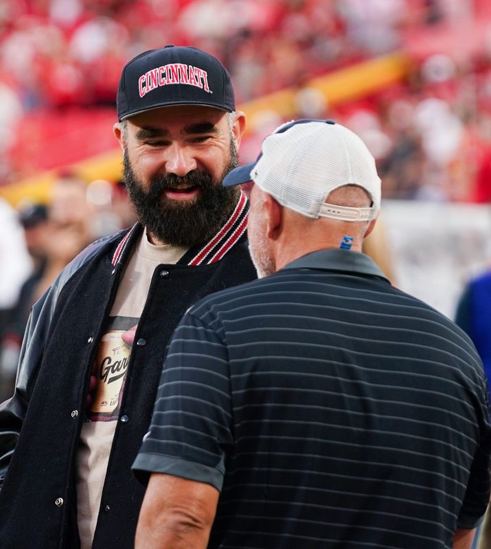 Jason Kelce appears at the Kansas City Classic season opening game between the Cincinnati Bearcats and Nebraska Cornhuskers, Aug. 28, 2025, at Arrowhead Stadium in Kansas City, Mo.
