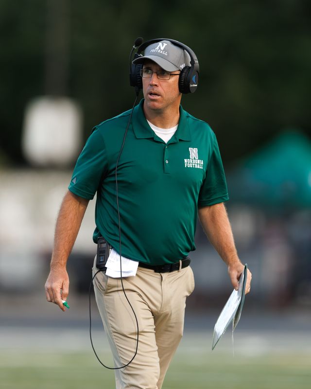 Nordonia coach Jeff Fox walks the sideline during a game against East on Aug. 29, 2025, in Macedonia.