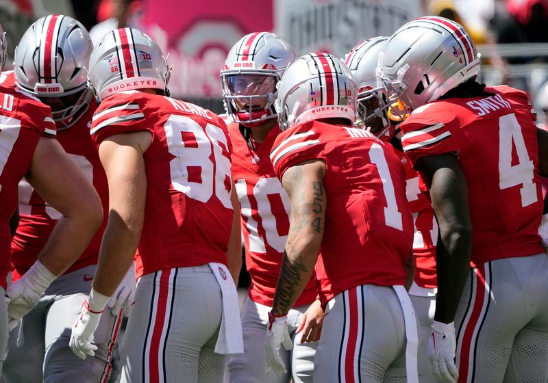 Ohio State Buckeyes quarterback Julian Sayin (10) calls a play against Texas Longhorns in the second quarter of their game at Ohio Stadium in Columbus, Ohio on Aug 30, 2025.