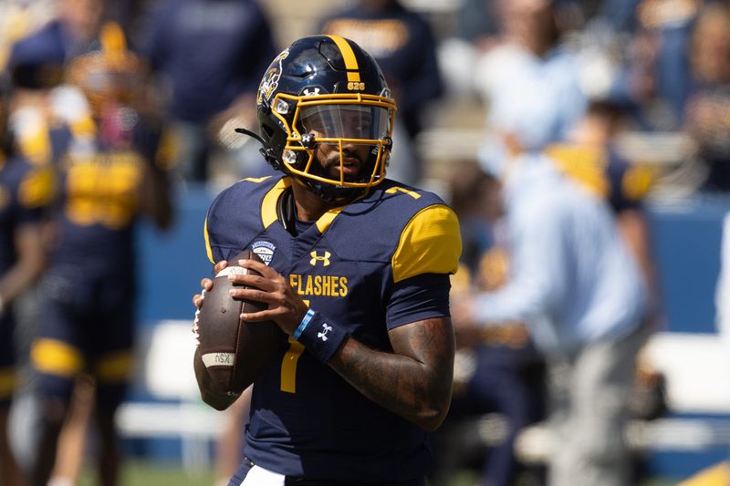 Kent State quarterback CJ Montes looks for an open receiver during the season opener against Merrimack College Saturday, August 30, 2025 in Kent, OH.