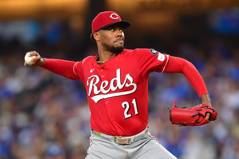 Cincinnati Reds pitcher Hunter Greene (21) in action the LA Dodgers at Dodger Stadium in Los Angeles, California.
