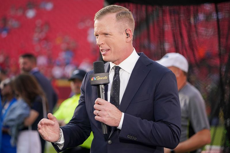 Sep 7, 2023; Kansas City, Missouri, USA; NBC Sports analyst Chris Simms on field prior to a game between the Kansas City Chiefs and Detroit Lions at GEHA Field at Arrowhead Stadium. Mandatory Credit: Denny Medley-USA TODAY Sports