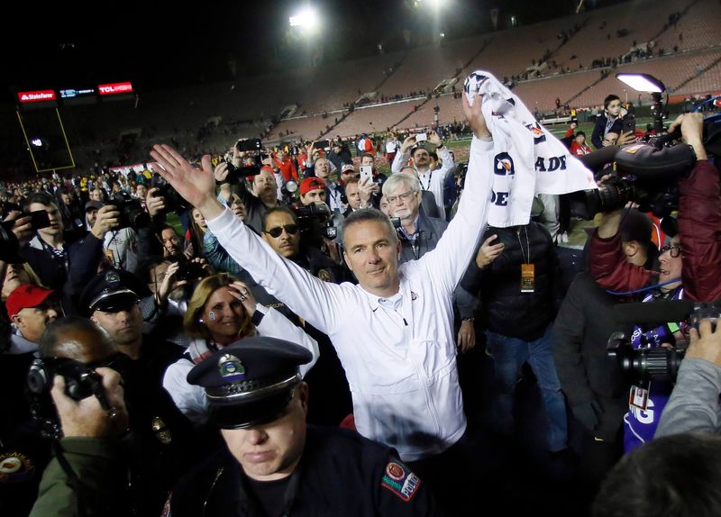 Urban Meyer salutes the fans after his final game as Ohio State's football coach, a 28-23 win over Washington in the Rose Bowl on Jan. 1, 2019.