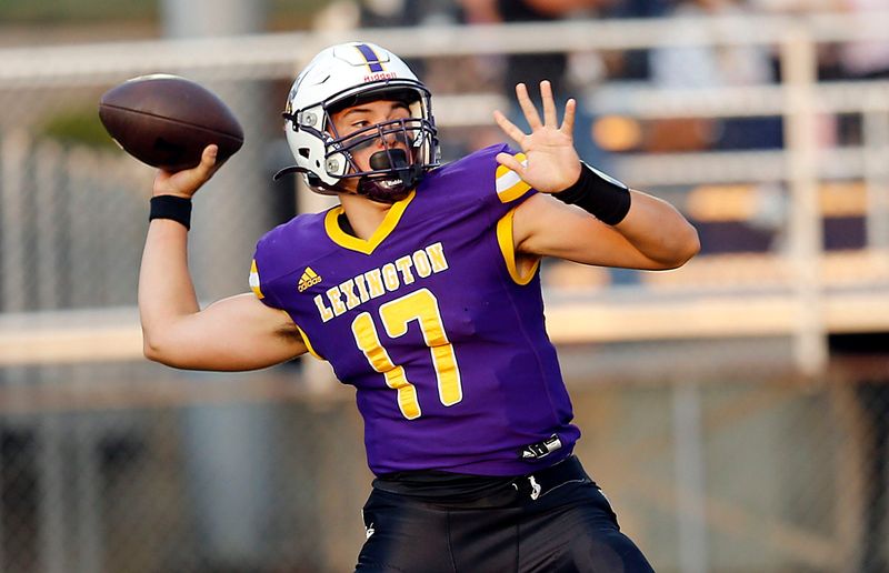 Lexington High School's Joe Caudill (17) throws a pass against Clear Fork High School during high school football action Friday, Sept. 5, 2025 at Lexington High School. TOM E. PUSKAR/MANSFIELD NEWS JOURNAL