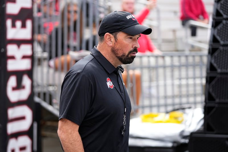 Ohio State Buckeyes head coach Ryan Day takes the field prior to the NCAA football game against the Grambling State Tigers at Ohio Stadium on Sept. 6, 2025.