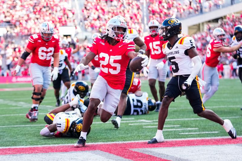 Ohio State Buckeyes running back Bo Jackson (25) scores a touchdown in the second half of the NCAA football game at the Ohio Stadium on Saturday, Sept. 6, 2025 in Columbus, Ohio.