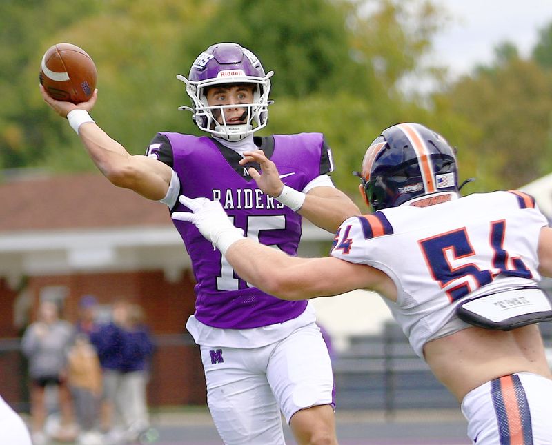 Mount Union quarterback Mikey Maloney throws down field against Wheaton College, Saturday, Sept. 6, 2025.