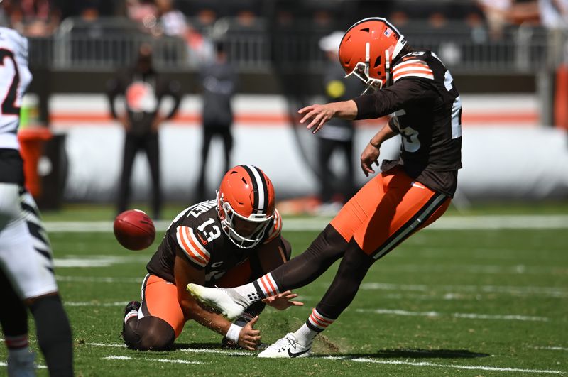 Sep 7, 2025; Cleveland, Ohio, USA; Cleveland Browns place kicker Andre Szmyt (25) kicks a field goal during the first half against the Cincinnati Bengals at Huntington Bank Field. Mandatory Credit: Ken Blaze-Imagn Images