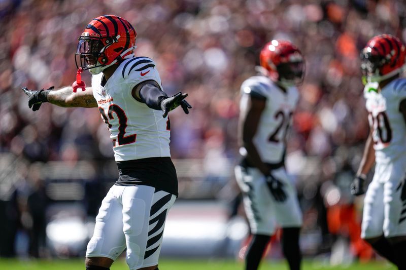 Cincinnati Bengals safety Geno Stone (22) celebrates a missed Browns field goal in the fourth quarter of the NFL Week 1 game between the Cleveland Browns and the Cincinnati Bengals at Huntington Bank Field in Cleveland on Sunday, Sept. 7, 2025. The Bengals begin the season with a 17-16 win over the Browns.