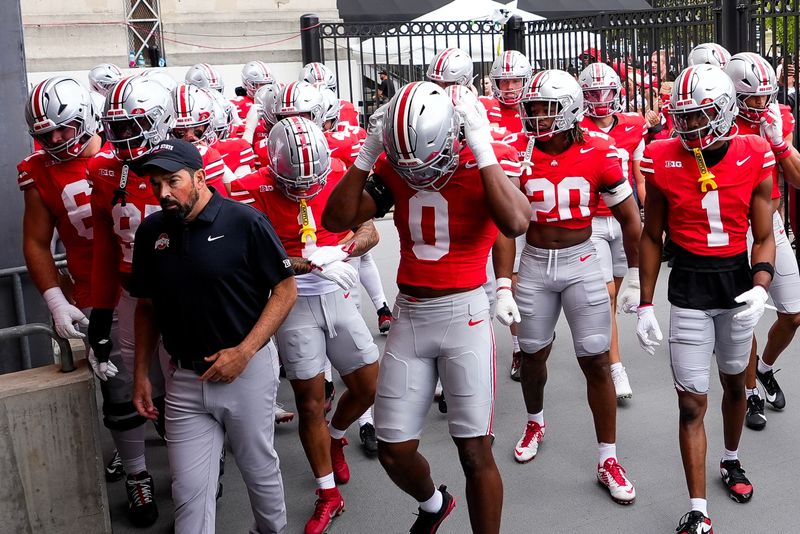 Ohio State Buckeyes head coach Ryan Day leads his team to the tunnel before the game against Grambling State Tigers at the Ohio Stadium on Saturday, Sept. 6, 2025 in Columbus, Ohio.