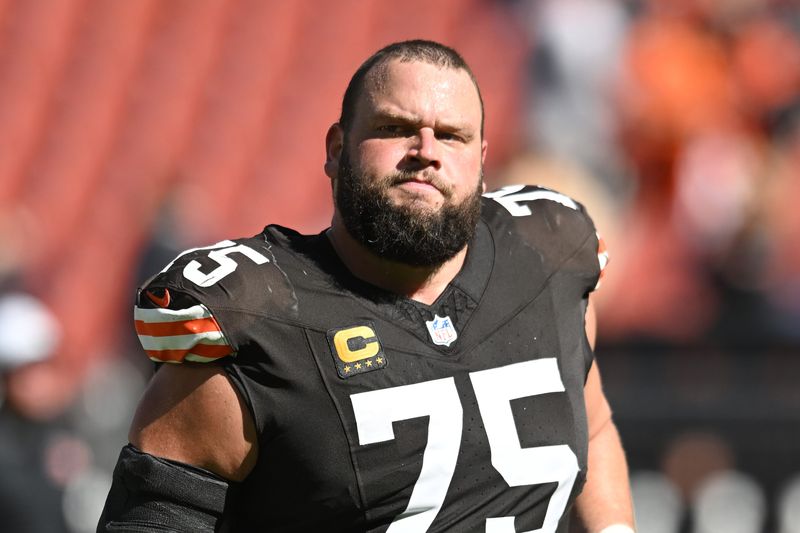 Sep 7, 2025; Cleveland, Ohio, USA; Cleveland Browns guard Joel Bitonio (75) at Huntington Bank Field. Mandatory Credit: Ken Blaze-Imagn Images
