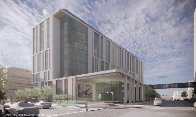 The new Franklin County Municipal Court building planned for the corner of Fulton and High Streets is seen in renderings by Moody Nolan and AECOM submitted in plans to the Columbus Downtown Commission. The city will first demolish the James A. Karnes Building and a former park that's currently there.