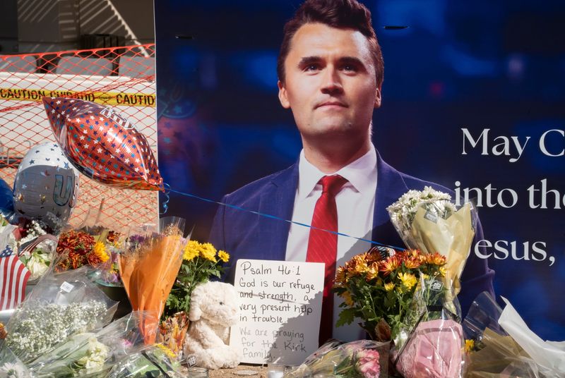 Memorial for conservative activist Charlie Kirk at Turning Point USA headquarters in Phoenix on Sept. 11, 2025.