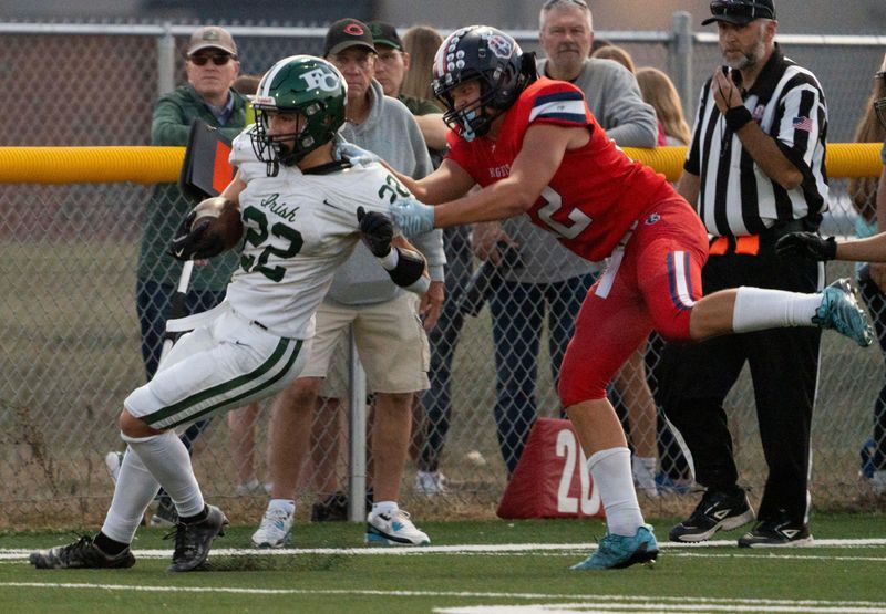 Fisher Catholic running back Sam Tencza, shown carrying the ball against FCA in a game earlier this season, scored a rushing touchdown in the Irish's 36-12 Mid-State League-Cardinal Division over Millersport Oct. 4, 2025.