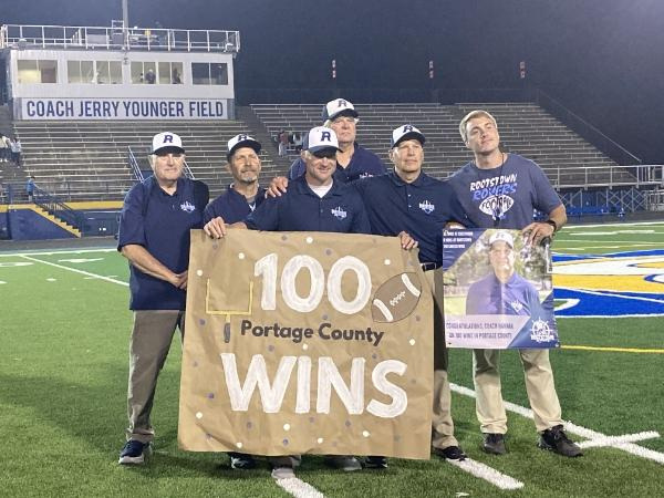 Rootstown celebrates coach Tom Hannan's 100th victory as a Portage County head football coach.