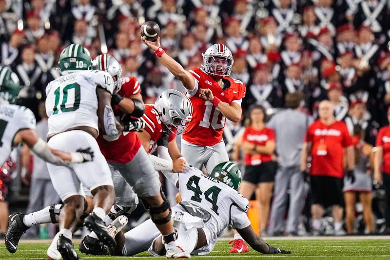 Ohio State Buckeyes quarterback Julian Sayin (10) makes a pass in the first half at the Ohio Stadium on Saturday, Sept. 13, 2025 in Columbus, Ohio.