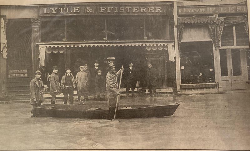 The 1913 flood in Fremont left downtown stores surrounded by water.