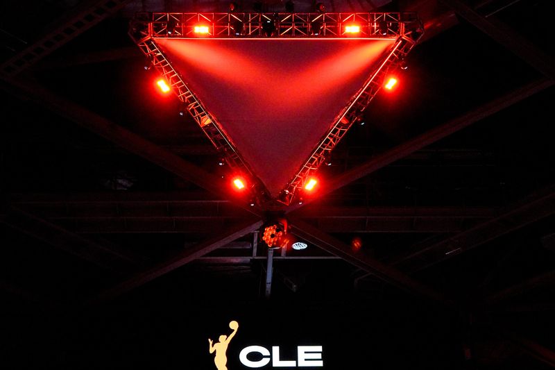 The Cleveland WNBA logo is seen during event celebrating the return of professional women’s basketball to Ohio, Sept. 16, 2025, at Rocket Arena, in Cleveland.