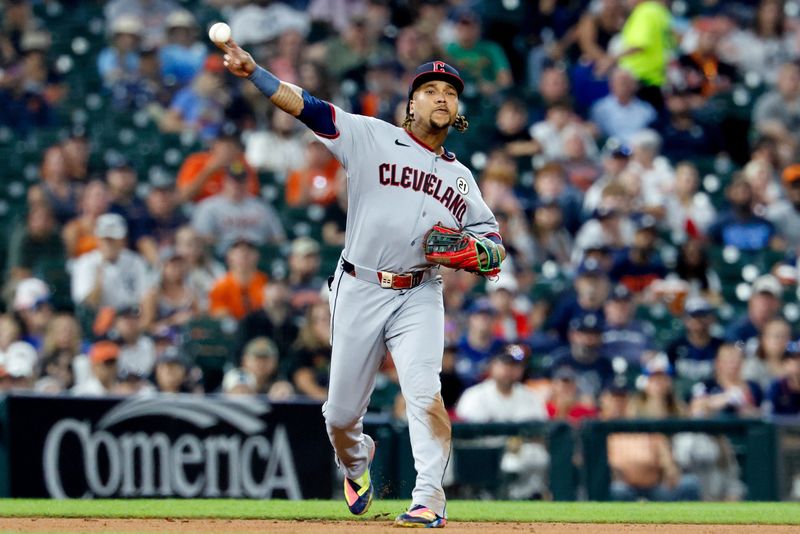 Guardians third base Jose Ramirez makes a throw in the fifth inning against the Tigers, Sept. 16, 2025, in Detroit.